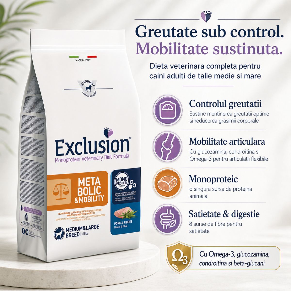 EXCLUSION Monoprotein VD Metabolic&Mobility Medium/Large, M-XL, Porc și Fibre, dietă veterinară, hrană uscată câini, obezitate, sistem articular, 12kg - imagine 3